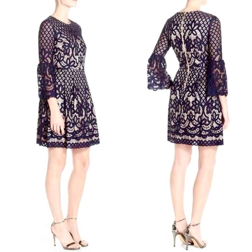 Eliza J Navy and Cream Lace Bell Sleeve Dress